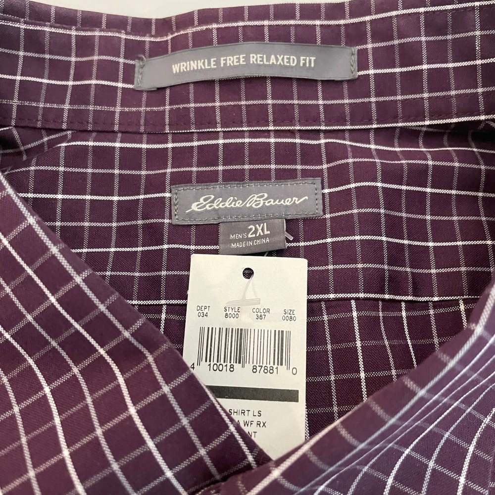Eddie Bauer Mens 2XL Eggplant Purple Grid Wrinkle Free Relaxed Fit Shirt NWT - Picture 5 of 10